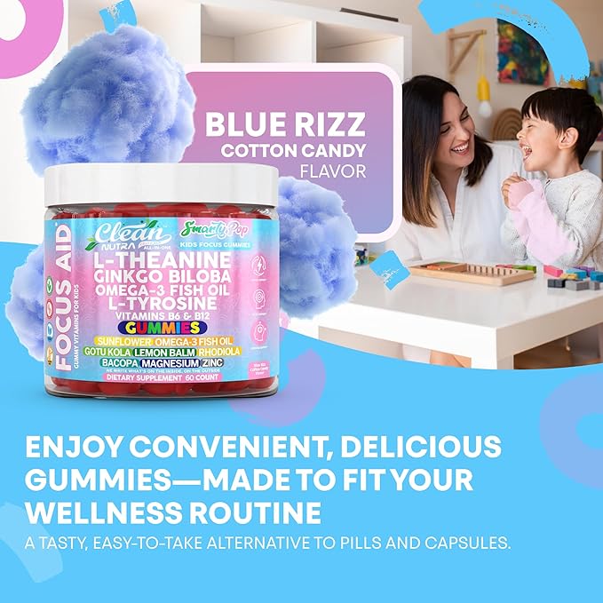 Clean Nutra Kids Focus Gummies with L-Theanine Ginkgo Biloba Omega-3 Fish Oil L-Tyrosine Vitamin B6 B12 – 60 Count Clean Label Non-GMO Vegan-Friendly SmartyPop Formula for Kids Support