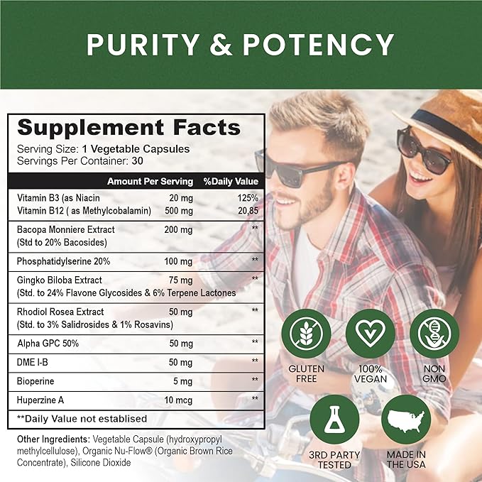 Brain Booster Nootropics - Brain Shield with Ginkgo Biloba Alpha GPC and Bacopa Monnieri Vitamin B12 B3 - Support Focus Memory &amp Clarity Energy &amp Stress Relief. (1)
