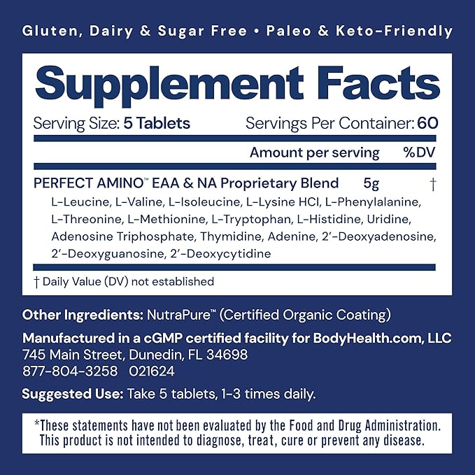 BodyHealth PerfectAmino (300 ct) Easy to Swallow Tablets Essential Amino Acids Supplement with BCAAs Vegan Protein for Pre/Post Workout &amp Muscle Recovery with Lysine Tryptophan Leucine Methio