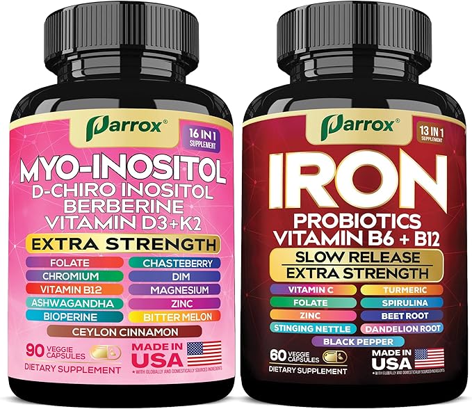 Myo-Inositol &amp Iron Supplement Bundle – Hormonal Metabolic &amp Energy Support with D-Chiro Inositol Ashwagandha Berberine Slow-Release Iron Spirulina Turmeric &amp Probiotics
