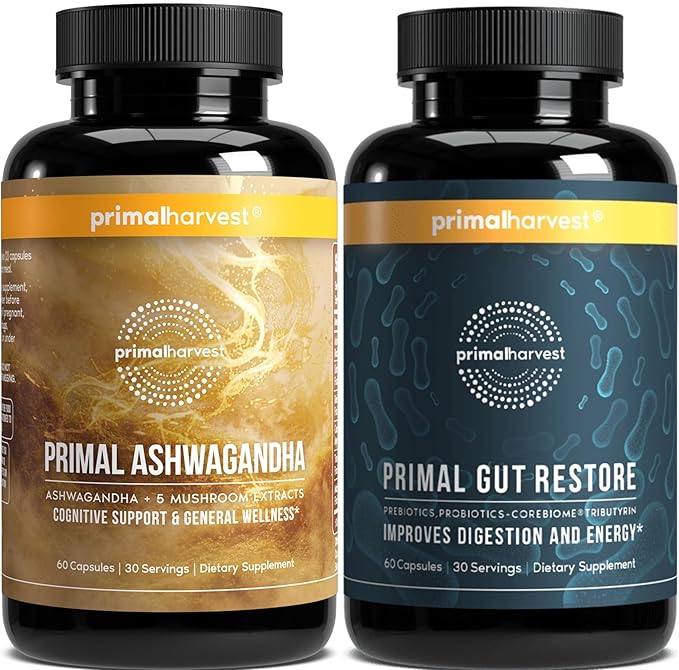Primal Harvest Daily Two-Step Routine | Ashwagandha + Gut Restore | 2 Pack | 30 Day Supply