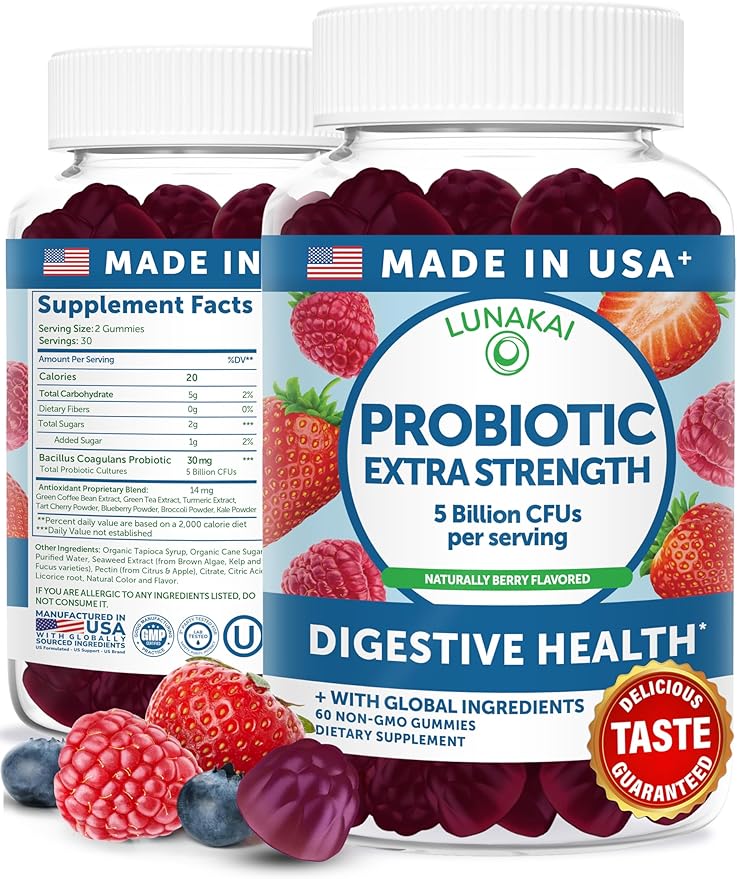 Lunakai USA Made Probiotic Gummies - 5 Billion CFUs Vegan Non-GMO Gluten-Free - Digestive &amp Immune Support for Women &amp Men - 60 Chewable Gummies