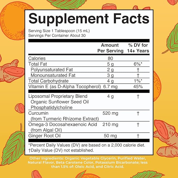 MARYRUTH'S Organics | Liposomal Turmeric &amp DHA | Curcumin | Ginger Root Oil | Algal DHA &amp Vitamin E | Cognitive Function | Mood Support | Joint Health | Liquid Supplement | 15.22 oz