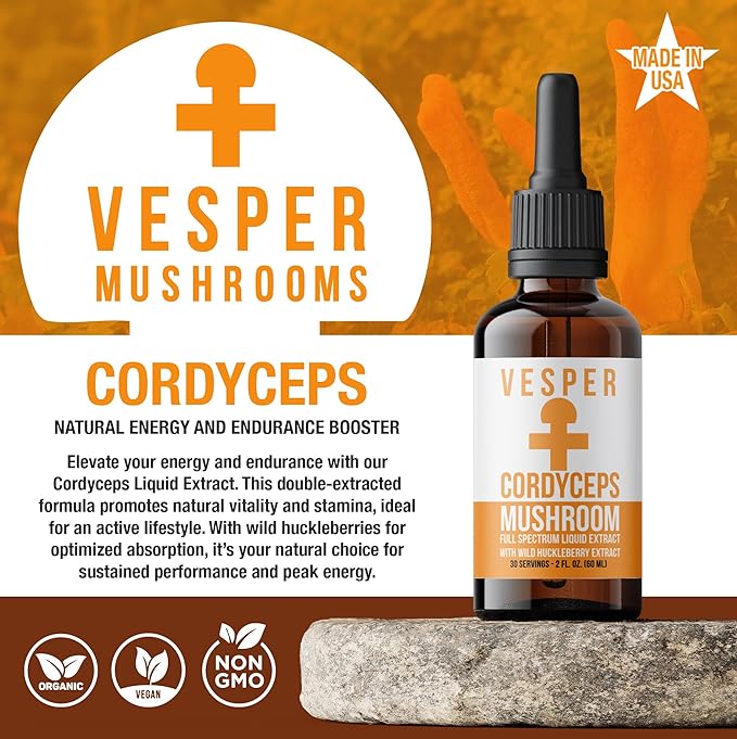 Vesper Cordyceps Mushroom Liquid Extract - Double Extraction with Wild Huckleberries for Energy Endurance Circulation Support USA-Grown for Natural Stamina &amp Vitality – 2oz