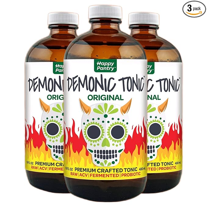 Demonic Tonic 48oz (3 x 16oz glass bottles) by Happy Pantry. Raw unpasteurized premium crafted fire cider made with organic ingredients.