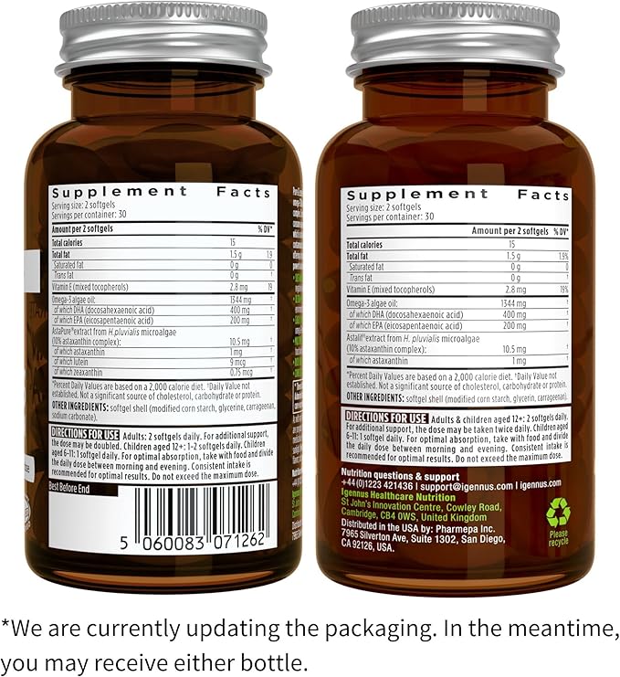 Vegan Omega-3 Algae Oil + Super B12-Complex 5000mcg Vegan Bundle High Concentration DHA &amp EPA + High Strength B12 Cherry Flavor Sublingual Spray by Igennus