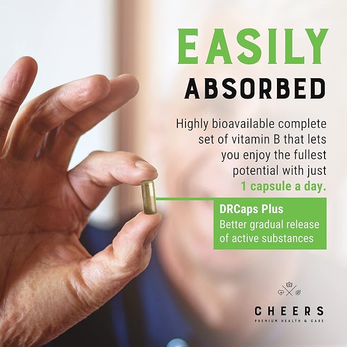 CHEERS Vitamin B Complex Supplement | 113.5mg Complete B Vitamins with B1 B2 B3 B6 B12 | High Absorption Vegan B Complex for Brain Nerve &amp Immune Support | Non-GMO DRcaps® Plus | 60 Capsules