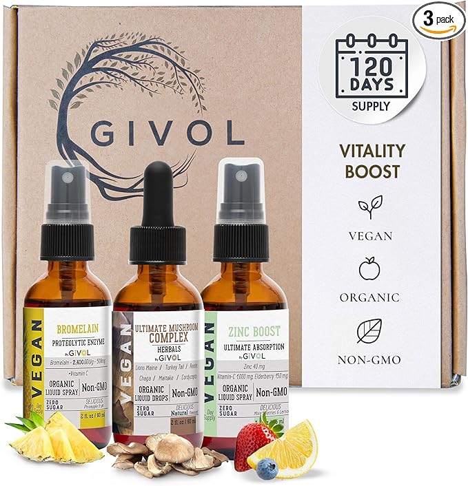 Digestive Harmony Bundle Liquid Vitamin Trio Mushroom Complex Lions Mane Reishi Maitake &amp Chaga Zinc Picolinate &amp Bromelain | Non-GMO | Gluten Free | Sugar-Free | 2 Fl Oz | 240 Days Supply