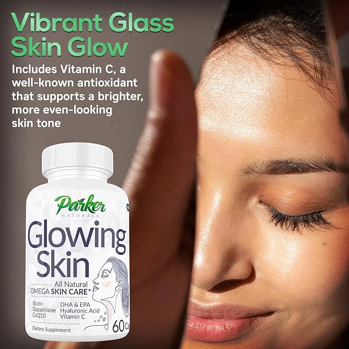 Parker Naturals Glowing Skin Supplement - Biotin Glutathione Hyaluronic Acid DHA/EPA Omega 3 Fish Oil CoQ10 Vitamin C All Natural Skin Care Supplement 60 Caps