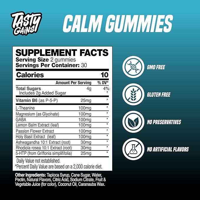 TASTY GAINS Magnesium Gummies – Sugar-Free Calm Gummies for Adults &amp Kids – Stress Relief Sleep Support &amp Mood Booster – with L-Theanine Magnesium Citrate &amp Lemon Balm – 60 Chews