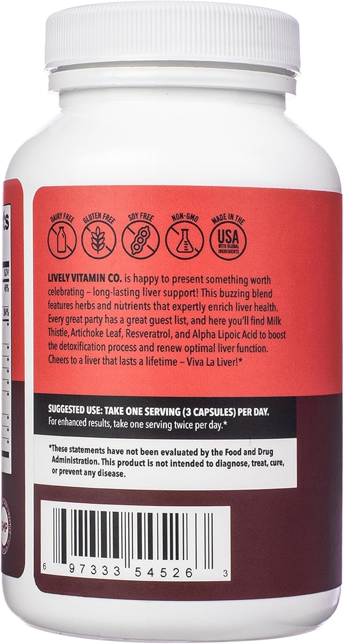 LIVELY VITAMIN CO. Viva La Liver - Improved Function - Liver Cleanse - Detox - Eliminate Toxins &amp Waste - Cognitive Brain Function - Immune Support - Mental Clarity - 90 Capsules