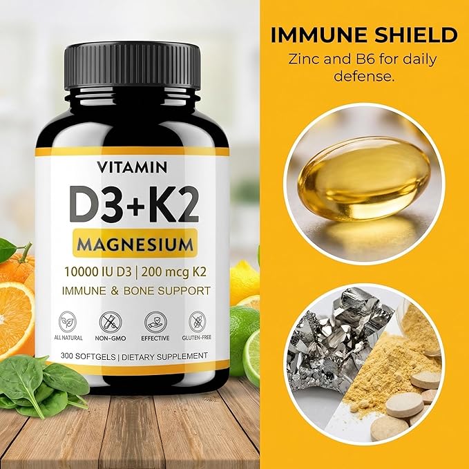 Vitamin D3 K2 Magnesium - Vitamin D3 10000 iu &amp K2（MK-7） 200 mcg+Magnesium Glycinate Supplement - Immune &amp Mood Support for Bone Sugar-Free Softgels 300 Softgels
