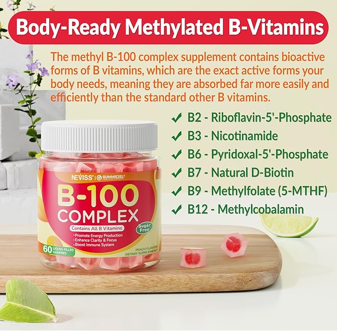 Super Vitamin B Complex Gummies - All B Vitamins Including Methyl B12 B1 B2 B3 B5 B6 Biotin Methylfolate with Vitamin C Choline Inositol PABA for Energy Brain &amp Immune Support Sugar Fr
