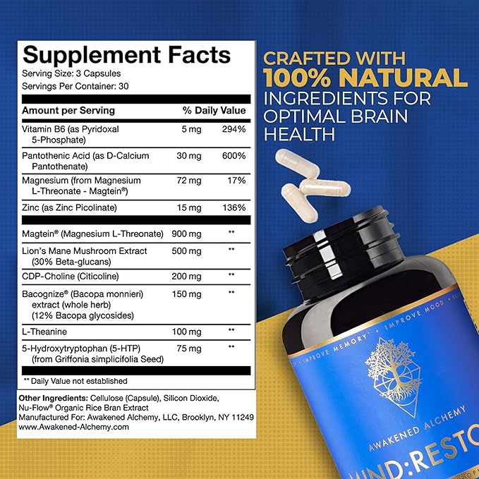 MIND:RESTORE Premium Nighttime Nootropic Supplement | Brain Nutrition for Memory and Sleep | 9 Premium Ingredients | L Theanine Lions Mane Choline Magnesium L Threonate Vitamin B6 Bacopa Monnieri