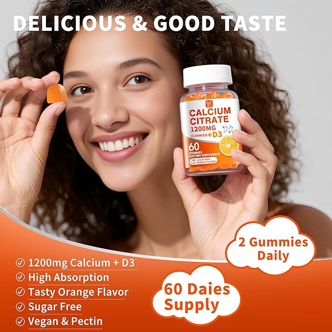 (3 Pack) Calcium Citrate 1200 mg with Vitamin D3 Gummies for Women &amp MenCalcium SupplementsHigh Absorption for Bone Muscle Healthy - Easy to Digest Sugar FreeVeganOrang Flavor60 Day Supply