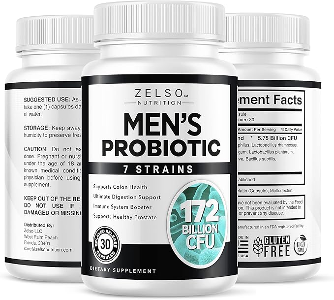 ZELSO Probiotic for Men 175 Billion CFU Probiotic Supplement Designed for Men's Health 30 Day Supply