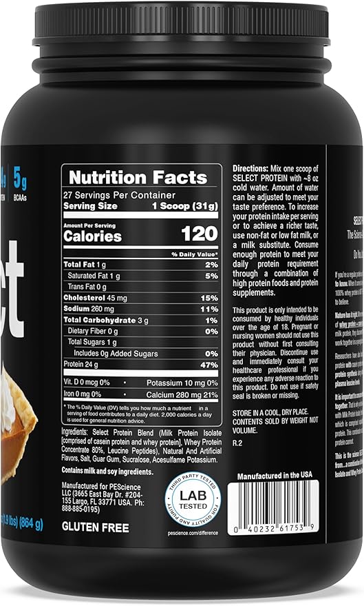 PEScience Select Protein Powder Whey and Casein Blend Clean Protein Powder for Women and Men Low Calorie Low Carb Keto Friendly Gluten Free - Pumpkin Pie 27 Servings