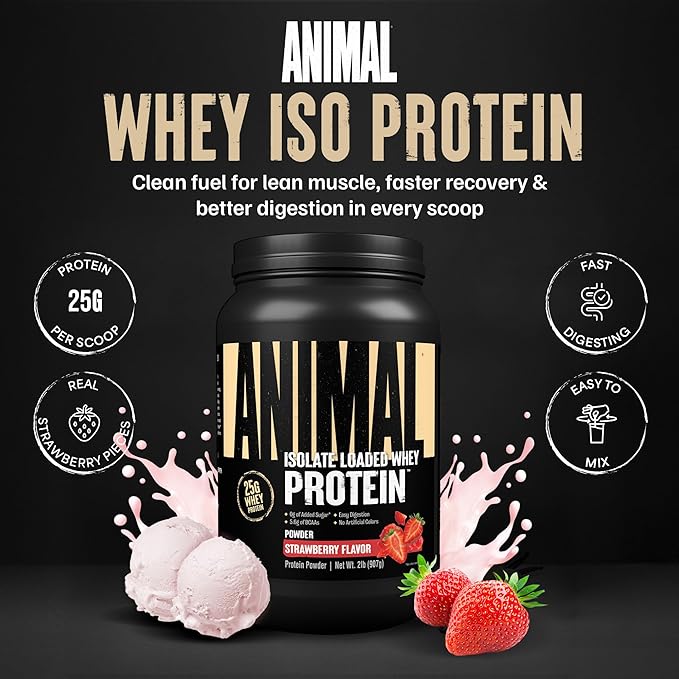 Animal Whey Isolate Protein Powder - Loaded for Pre &amp Post Workout Muscle Builder and Recovery with Digestive Enzymes for Men &amp Women - 25g Protein Great Taste Low Sugar - Strawberry 2 lbs