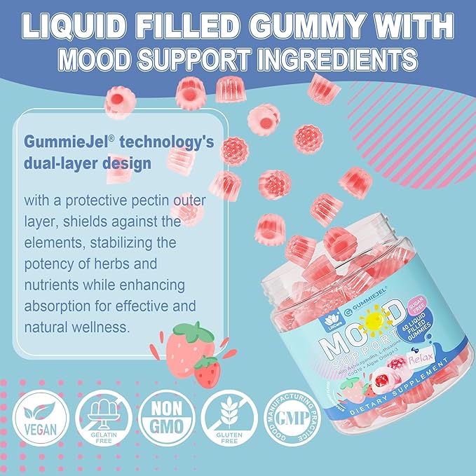 Sugar Free Ashwagandha Mood Support Filled Gummies for Women Men Calm Gummy with Vitamin D3 B6 Vegan Omega 3 L-Theanine CoQ10 &amp Rhodiola Rosea Natural Relax Calming Supplement Vegan 120Cts