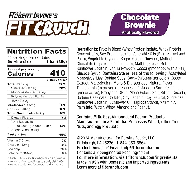 FITCRUNCH Full Size Protein Bars 6-Layer Baked Bar 7g of Sugar Gluten Free &amp Soft Cake Core (12 Full Size Bars Chocolate Brownie)
