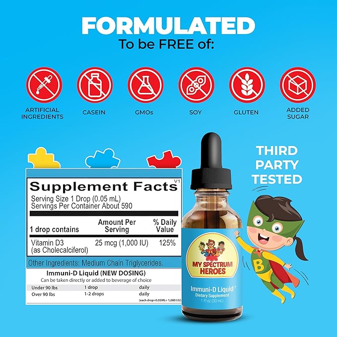 My Spectrum Heroes - Immuni-D Liquid Vitamin D3 Supplement 1000 IU Per Serving Gluten-Free Tasteless Vitamin Liquid Aids in Mineral Absorption for Kids &amp Adult - 1 FI oz (30 mL)