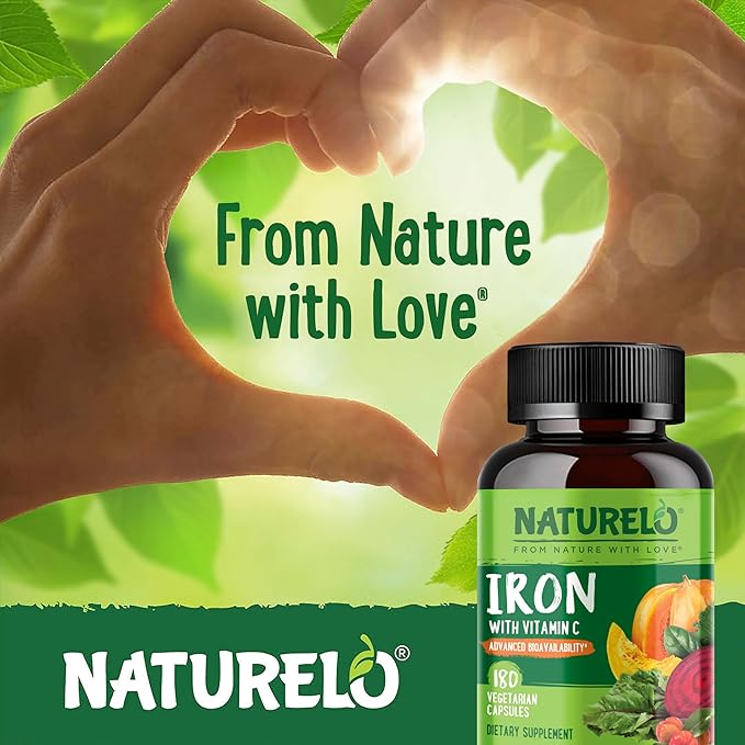 NATURELO Vegan Iron Supplement with Vitamin C and Organic Whole Foods - Gentle Iron Pills for Women &amp Men with Iron Deficiency Including Pregnancy Anemia and Vegan Diets - 180 Mini Capsules