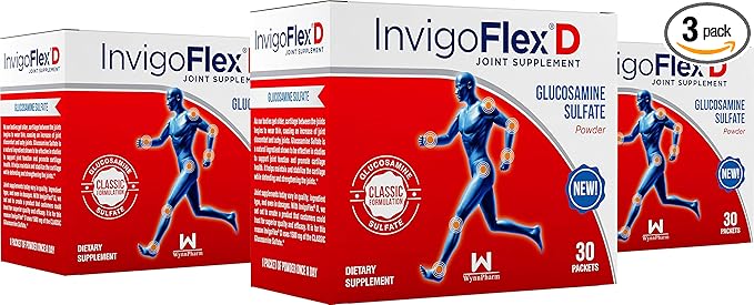 INVIGOFLEX 1500mg of Glucosamine Sulfate Powder (Classic Formulation) - Premium Joint Supplement for Knees Hands Back and Hip Support D: Glucosamine Sulfate Packets - 90 Packets (Pack of 3)