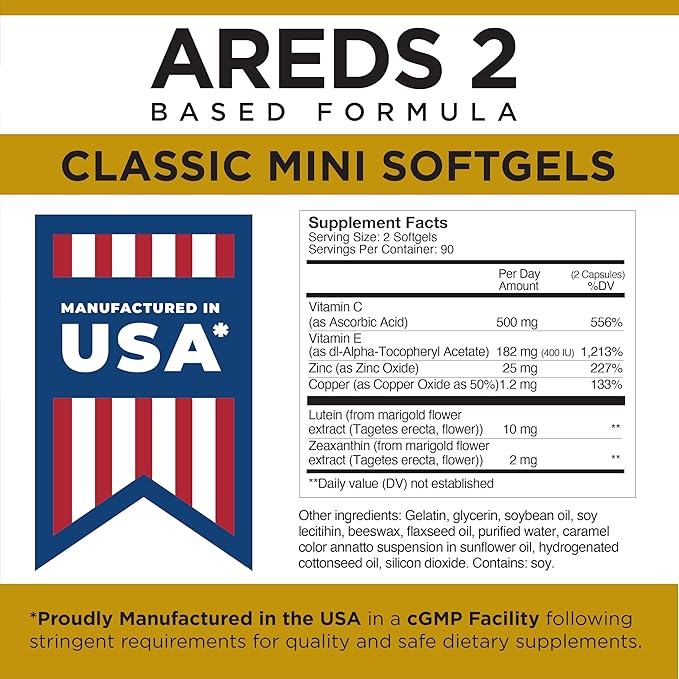 Viteyes AREDS 2 Classic Macular Health Formula Softgels Eye Health Vitamin to Support Macular Health Lower Zinc Eye Vitamins Macular Vitamins Beta-Carotene Free 180 Softgels