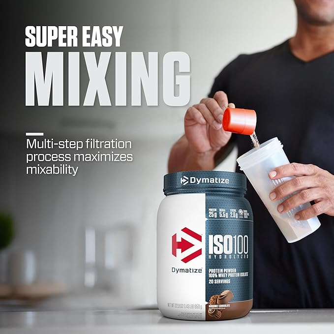 Dymatize ISO100 Whey Protein Powder Isolate Gourmet Chocolate 25g of Protein 20 Servings 5.5g BCAAs Less Than 120 Cal. Gluten Free 1g Fat 1g Sugar 2g Carb