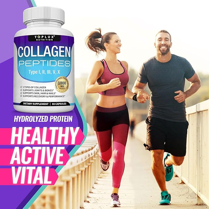 Toplux Multi Collagen Peptides Pills 1800 Mg Complex - Type I II III V X Premium Collagen Complex for Better Skin &amp Hair Strong Joint Hydrolyzed Protein for Men Women 90 Capsules Suppleme