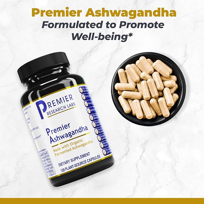 Premier Research Labs Premier Ashwagandha - Pure Supplement for Women &amp Men with Organic Ashwagandha Root Herbal Pills for Stress &amp Sleep Support Fermented for Absorption - 120 Plant-Based C