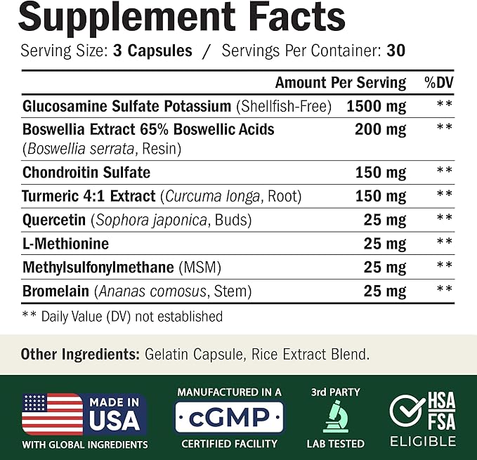 Glucosamine Chondroitin MSM – Joint Support Supplement for Women and Men with Glucosamine Sulfate 1500 mg Chondroitin and MSM – for Cartilage Joint Health and Flexibility – 90 Capsules
