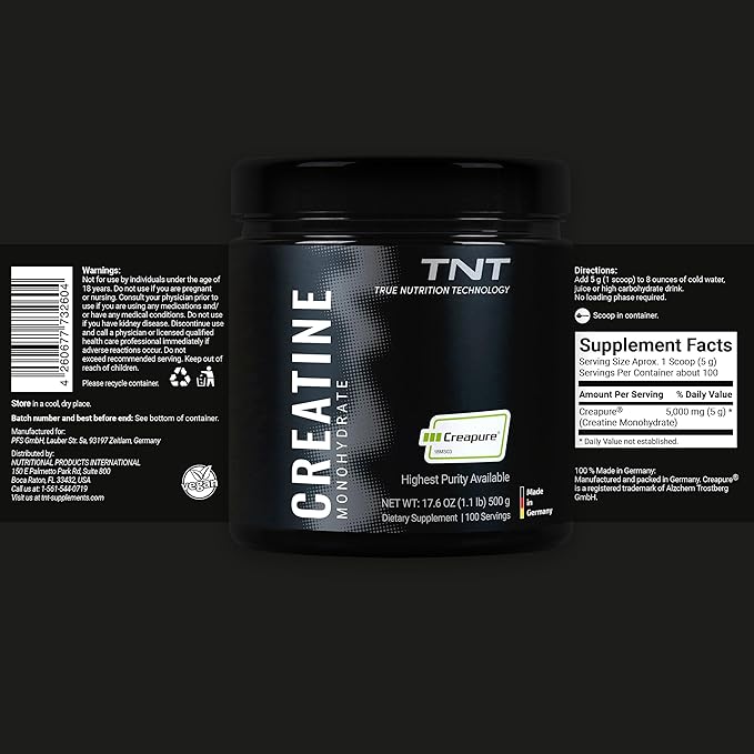 TNT Creapure® Creatine Monohydrate Powder (100 Servings) • Made in Germany • 5g per Serving • Supports Strength Endurance &amp Cognitive Energy* • Micronized Vegan 99.99% Pure