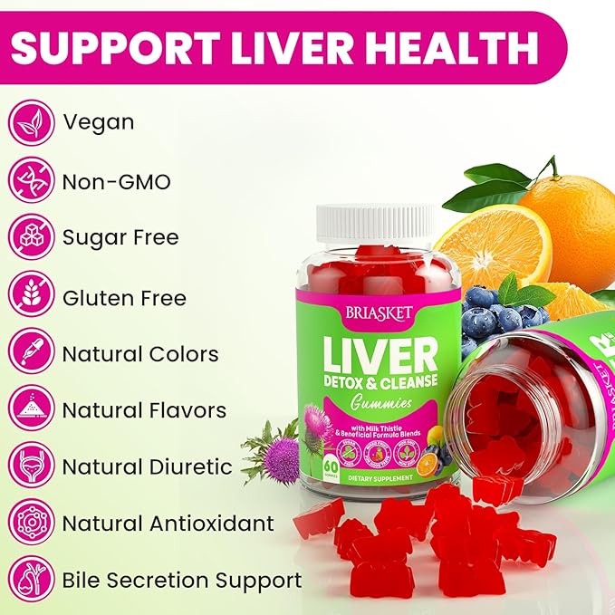 Liver Cleanse Detox &amp Repair Gummies 2000 mg Milk Thistle Extract with Dandelion Artichoke Extract &amp 23 Herbs for Liver Cleanse Detox &amp Cell Repair Gut Skin—Fruit Flavor 60 Gummies