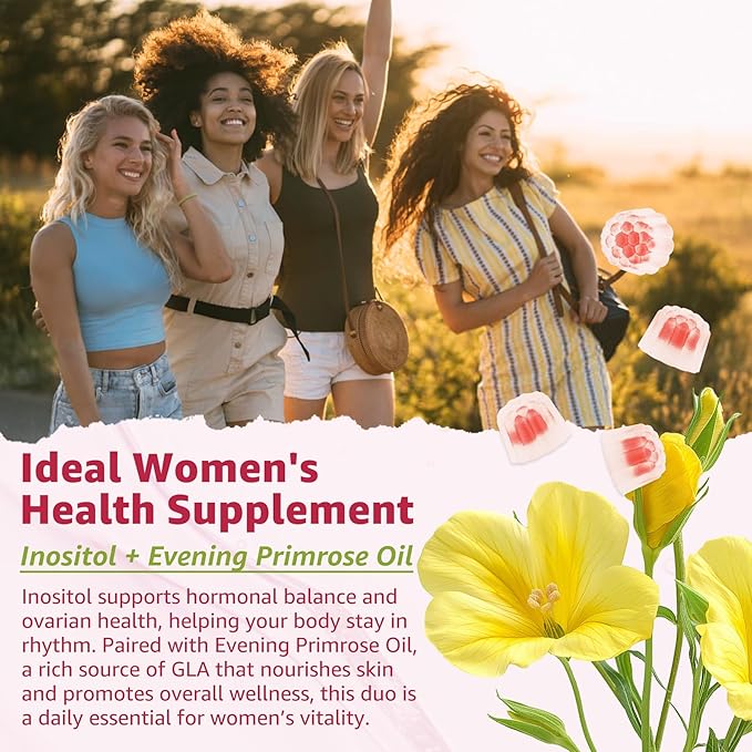 Inositol Gummies Supplement with Evening Primrose Oil for Women - 40:1 Ratio Myo-Inositol 2000mg &amp D-Chiro Inositol 50mg with VIT D3 B12 &amp Zinc Sugar-Free for Natural Balance Vegan (120ct)