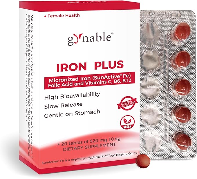 Gentle Iron Supplement for Women Anemia: Slow Release Iron Pills Clinically Shown to Support Iron for Prenatal Pregnant Patented SunActive Tech with Folic Acid B12 Vitamin C &amp B6 18 mg 20 Tab