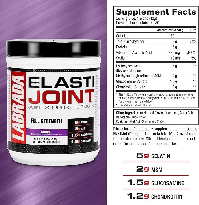 Labrada Nutrition Elastijoint Grape - Glucosamine Joint Support Supplement Powder for Men &amp Women Joint Relief &amp Bone Health Supplement with MSM Glucosamine Chondroitin MSM - Gluten-Free