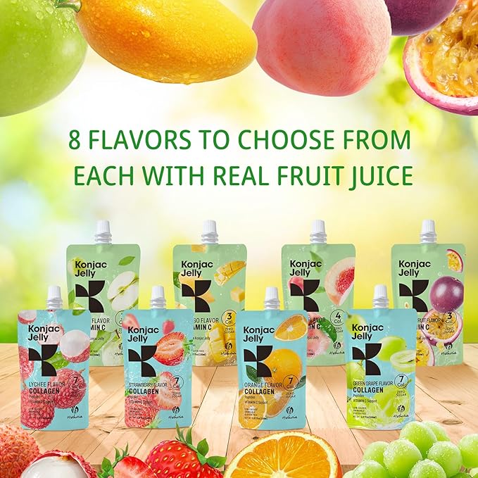 Hethstia Konjac Jelly 10 Pouches Drinkable Lychee Konjac Jelly with Collagen Peptides Low Calorie Litchi Jello Vitamin C Light Snacks Sugar Free Keto Gluten-Free Healthy Food Gifts