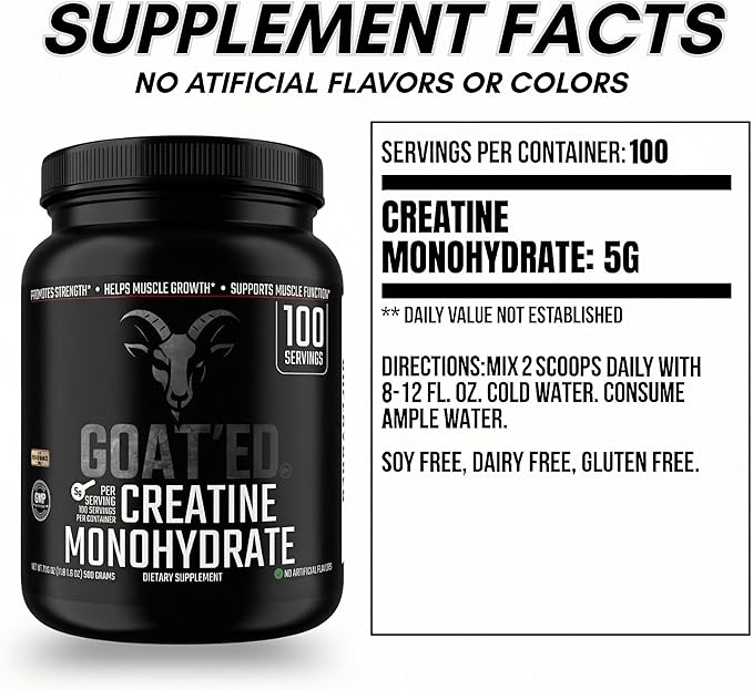 GOAT'ED Creatine Monohydrate Powder | 100% Pure Micronized Creatine for Muscle Growth Strength &amp Recovery | High-Absorption Unflavored Creatine Supplement for Men &amp Women 100 Servings