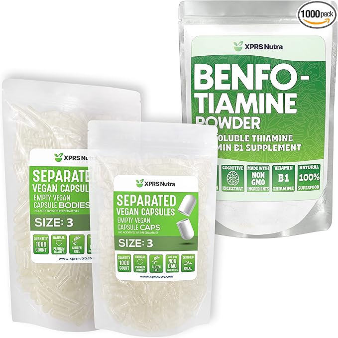 XPRS Nutra Separated Size 3 Capsules (1000 Count) with Benfotiamine Powder (1 Ounce) Bundle