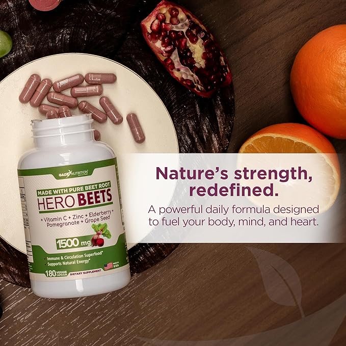 Gade Nutrition Hero Beets - Beet Root Capsules 1500mg - Organic Beet Root Powder + Vitamin C Zinc Elderberry Pomegranate Grape Seed Extract - 3 Months Supply