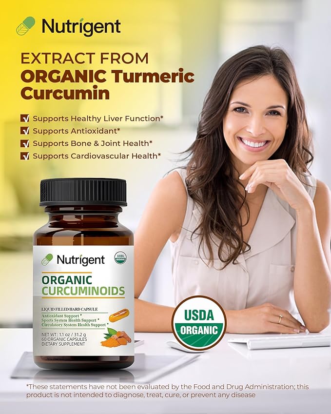 USDA Organic Turmeric Curcumin Supplement Turmeric Extract with Curcuminoids 300 mg Liquid Organic Capsules Antioxidant Bone &amp Joint Support No-Gluten 60 Count
