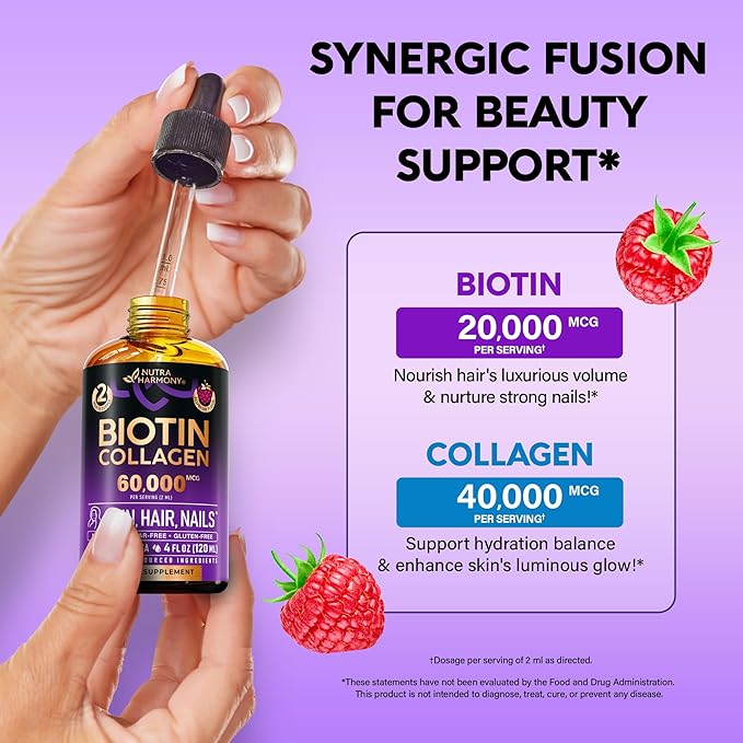 Liquid Biotin &amp Collagen 60000 mcg - Vitamins for Hair Growth Support - Extra Strength Drops for Women &amp Men - Liquid Collagen Supplement - Strong Nails &amp Healthy Skin - Made in USA - 4 F