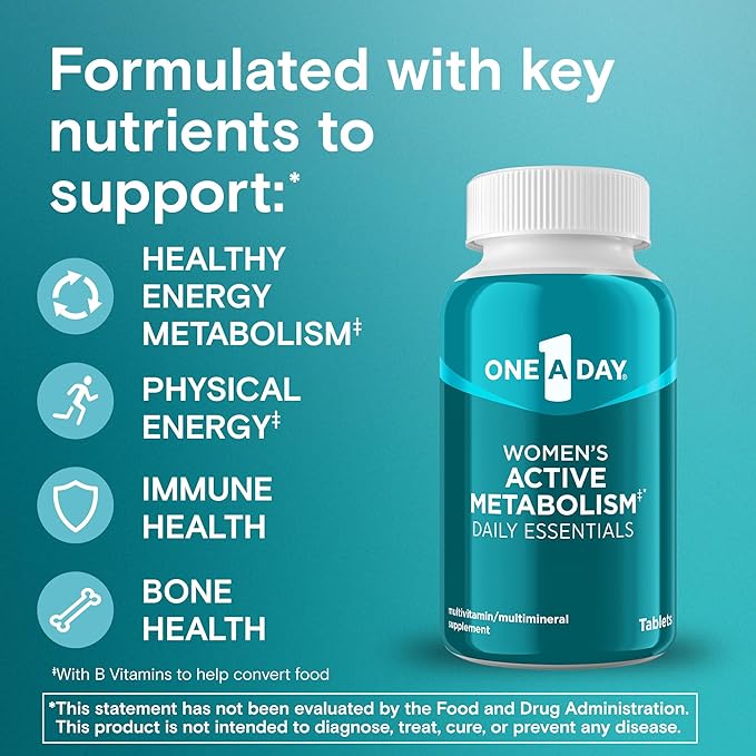 One A Day Women's Active Metabolism Daily Essential Multivitamin for Women Metabolism Support Vitamins for Women with All 8 B-Vitamins Vitamin D Magnesium &amp More120 Count