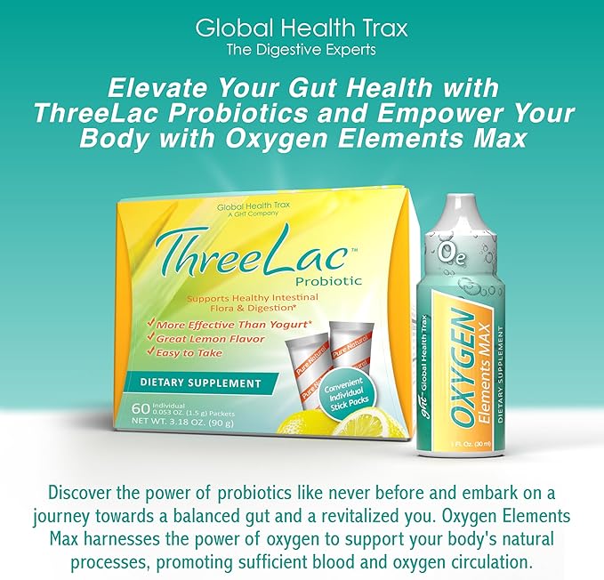 Global Health Trax Ultimate Gut &amp Oxygen Duo: ThreeLac Lemon Probiotic Powder (60 Packets) &amp Oxygen Elements Max Drops (1oz) - Digestive Support &amp Cellular Vitality