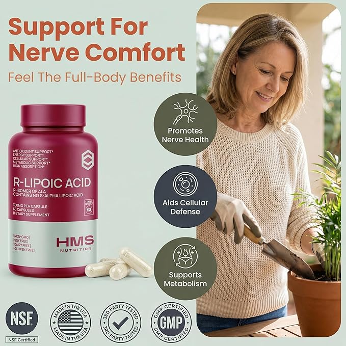 Stabilized R-Lipoic Acid 300 mg per Serving — Pure R Alpha Lipoic Acid (R-ALA) High Potency Active R Isomer Antioxidant Nerve &amp Metabolism Support — NSF Certified Non-GMO Vegan 60Capsule
