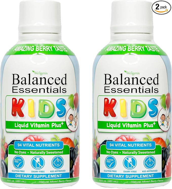 Wellgenix Balanced Essentials Kids Liquid Multivitamin – 94 Nutrients Including Vitamins Minerals &amp Omega Fatty Acids – Mixed Berry Flavor – 16 fl oz (Pack of 2)