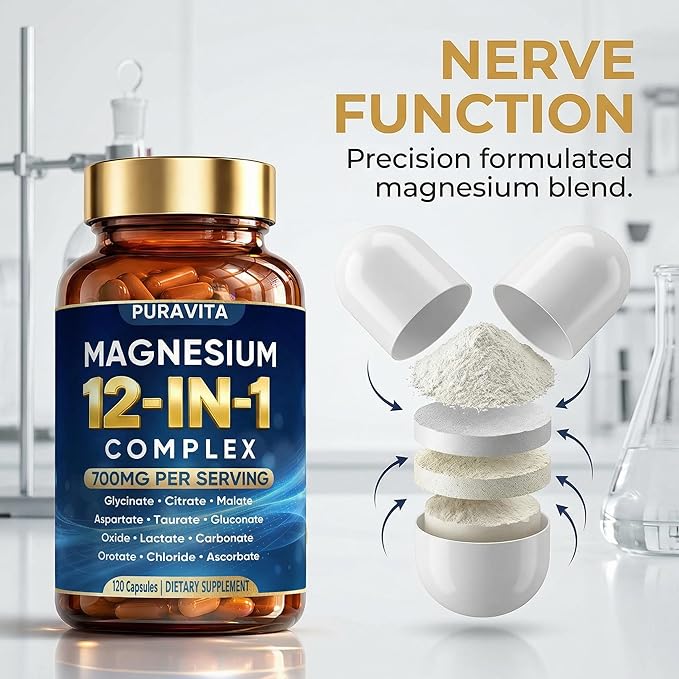 Puravita 12 in 1 Magnesium Complex Capsules - 700mg High Absorption Blend with Glycinate Citrate Malate Oxide &amp Taurate. Supports Muscle Function Nerve Health &amp Relaxation - 120 Capsules (
