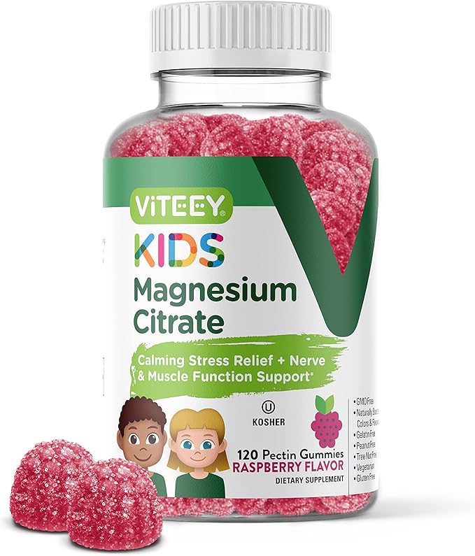 Viteey Kids Magnesium Citrate Gummies - Supports Sleep Aid Calm Gummies Muscle Relaxer Optimal Relaxation - Vegetarian Gelatin Free Gluten Free GMO Free - Tasty Chewable Raspberry Flavored Gummy