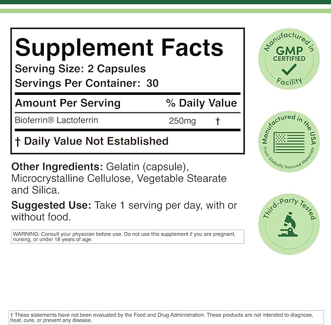 Lactoferrin 250mg per Serving (60 Capsules) Patented Bioferrin Lactoferrin - Superior Iron Supplement for Iron Deficiency and Immune Support by Double Wood Supplements (Pack of 2)
